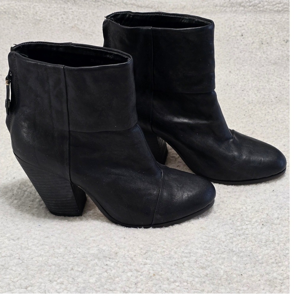 Rag & Bone Newbury Black Leather‎ Ankle Boots Block Heel Back Zip Size 38
